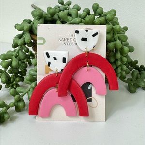 Baked Clay Pink Red Wide Arch with Black White Dots Earrings